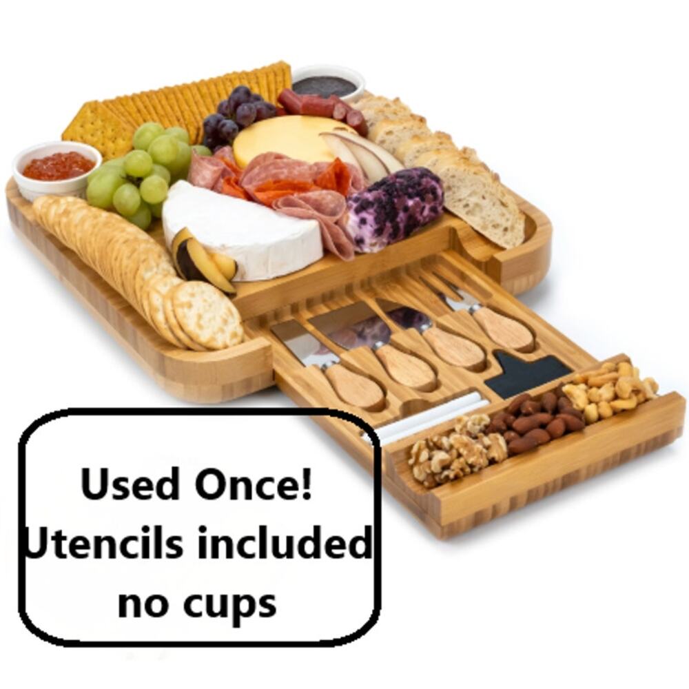 Smirly Charcuterie Cheese Board Solid Wooden Bamboo Knife Set Drawer Square 13"
